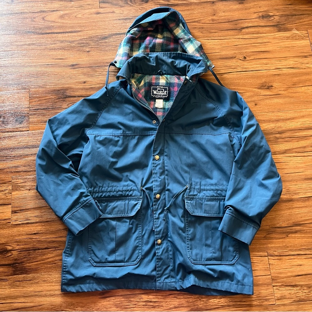 Vintage Woolrich Womens Size Large Teal Parka Jacket W/Hood Plaid Wool Liner